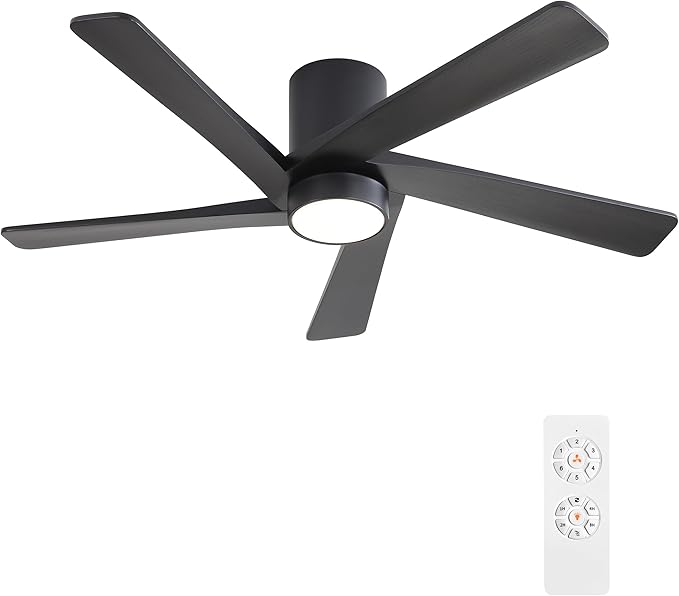 WINGBO 48 Inch Flush Mount DC Ceiling Fan with Lights and Remote, 5 Reversible Carved Wood Blades, 6-Speed Noiseless DC Motor, Hugger Ceiling Fan in Black Finish, Low Profile Ceiling Fans, ETL Listed
