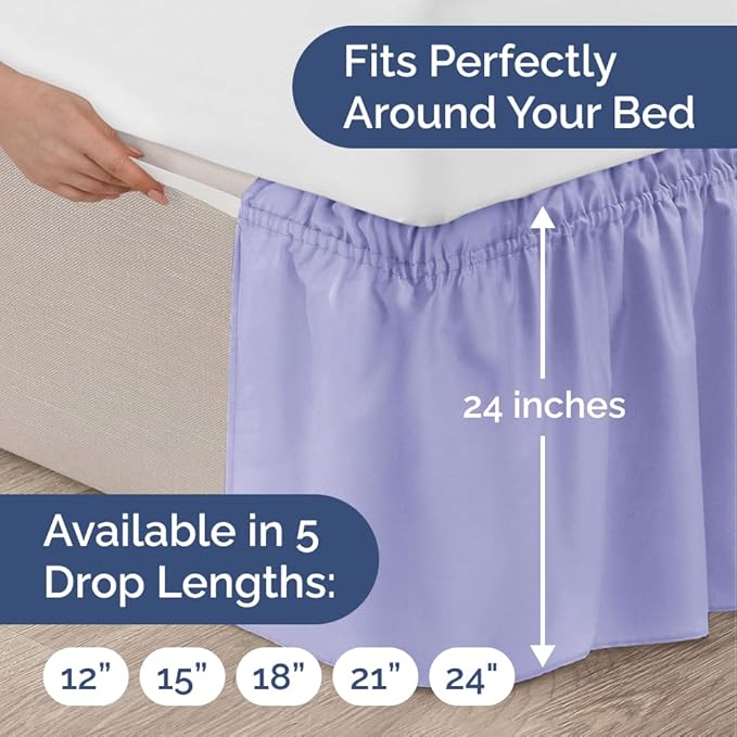 Wrap Around Dust Ruffle Bed Skirt - Lavender - for Full Size Beds with 24 Inch Drop - Easy Fit Elastic Strap - Adjustable Pleated Bedskirt w/Brushed Fabric Wrinkle Free - for Women, Men, Kids & Teens