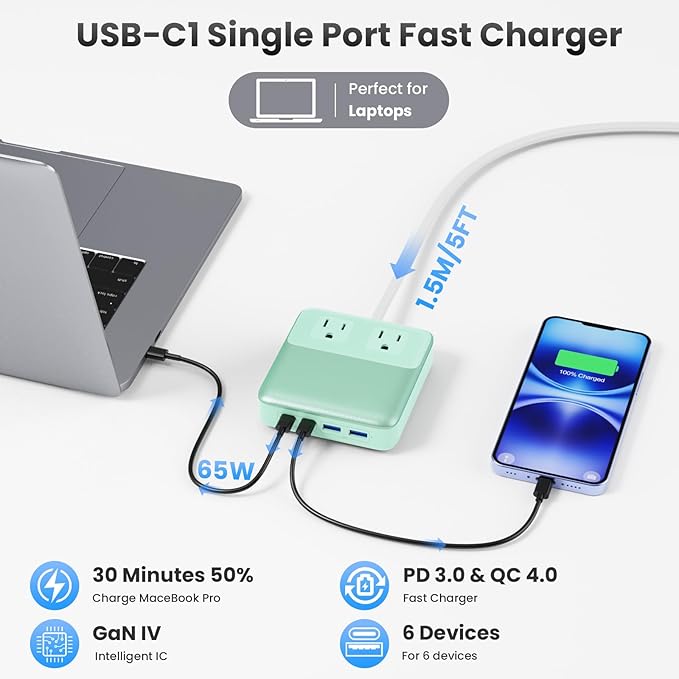 135W Charging Station USB C Power Strip,6-in-1 GaN USB C Charger Block with Plug &5ft Cord,2 AC,2 USB-A,2 USB-C,PD 65W Laptop Charger for MacBook,iPhone 16/15/14,Desktop Fast Charging for Home,Office