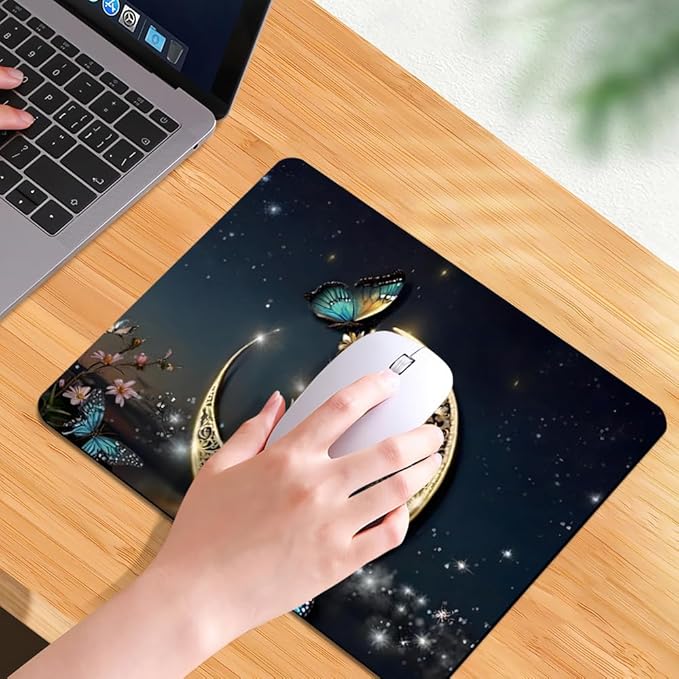 Golden Retro Fantasy Starry Moon Butterfly Square Mouse pad, Texture, Waterproof, Anti Slip Rubber Base, Computer Mouse pad