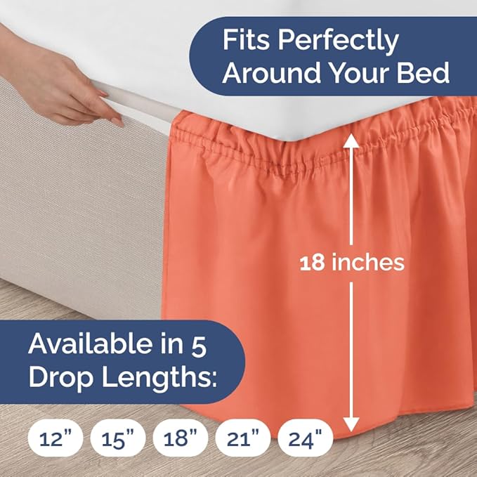 Wrap Around Dust Ruffle Bed Skirt - Coral - for King Size Beds with 18 Inch Drop - Easy Fit Elastic Strap - Adjustable Pleated Bedskirt w/Brushed Fabric - Wrinkle Free - for Women, Men, Kids & Teens