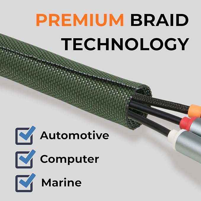 HOLED 1-3/16 inch Split Braided Cable Management Sleeve for USB Cable Power Cord Audio Video Cable, Wire Loom Cord Protector from Cat Dog Chewing (Dark Green, 10FT)