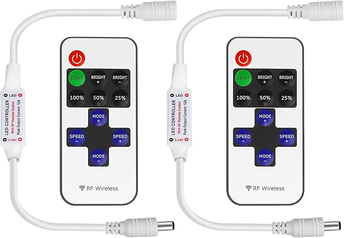RF Mini Wireless Remote Controller for Single Color 3528 5050 LED Strip Lights, Wireless Remote Control with White DC Connector, RF Dimmer for 12V DC LED Ribbon, Shelf Lights（2 Park）