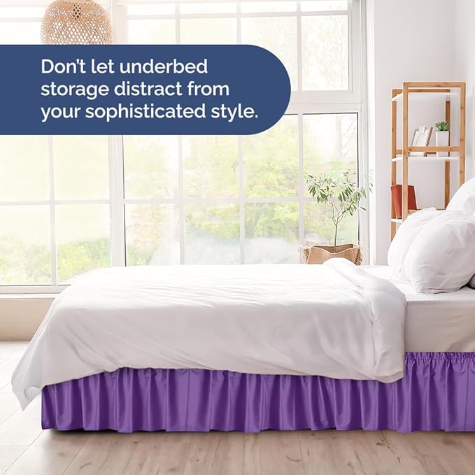 Wrap Around Dust Ruffle Bed Skirt - Purple - for Queen Size Beds with 12 Inch Drop - Easy Fit Elastic Strap - Adjustable Pleated Bedskirt w/Brushed Fabric Wrinkle Free - for Women, Men, Kids & Teens