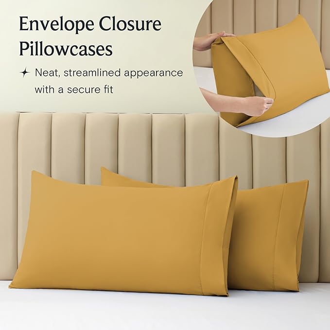 LuxClub 4 PC Full Sheet Set, Deep Pockets Wrinkle Free Cooling Bed Sheets Hotel Bedding for Women, Men, Kids & Teens, Includes 1 Fitted Sheet, 1 Flat Sheet and 2 Pillowcases-Soft Medallion Gold