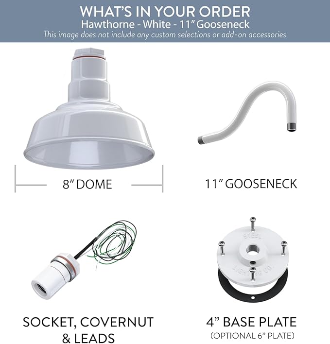 Steel Lighting Co. Hawthorne Barn Light | Outdoor Wall Mounted | 8 inch Dome | 11 inch Gooseneck| Small Farmhouse Light Made in America | White Exterior/White Interior