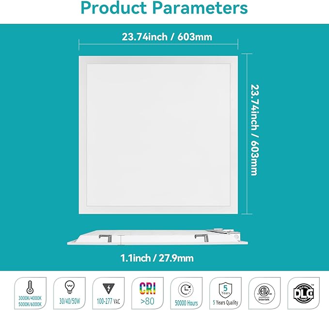 VocgoUU 2x2 LED Flat Panel Light for Drop Ceiling, 5500LM, 0-10V Dimmable, 30W/40W/50W Selectable, 4CCT 3000K/4000K/5000K/6000K, ETL Listed, 100-277V, 8 Pack
