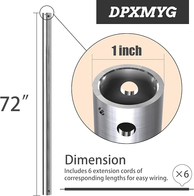 DPXMYG 72 inch Ceiling Fan Downrod with Extension Cord, 6 FT Brushed Nickel Downrod for Ceiling Fan, 1 inch Outside Diameter, Ceiling Fan Boom Suitable for a Wide Range of Fans (Nickel, Not Threaded)