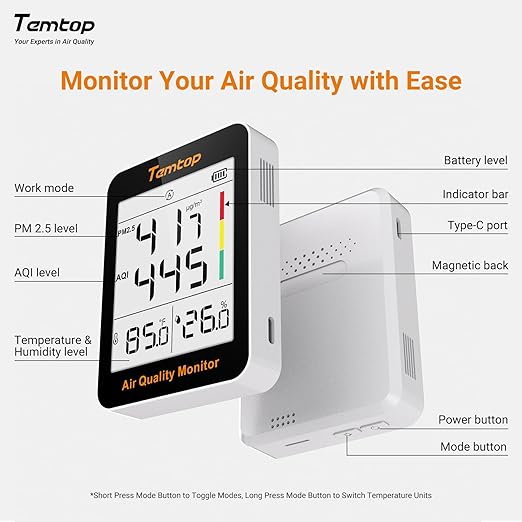 Temtop Air Quality Monitor Indoor Thermo-Hygrometer - PM2.5, AQI, Temperature, and Humidity Meter for Home, Office, or School, Air Quality Measurement, 60-Day Battery Life, S1 UP, 10-Pack
