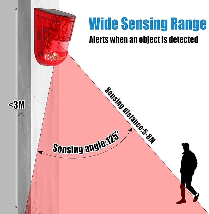 Qualirey 2 Pack Solar Sound and Light Alarm Motion Sensor 129db Outdoor Security Siren Waterproof Motion Activated Detector Alarm 6 LEDs Flash Warning Strobe System for Home, Farm (Red)