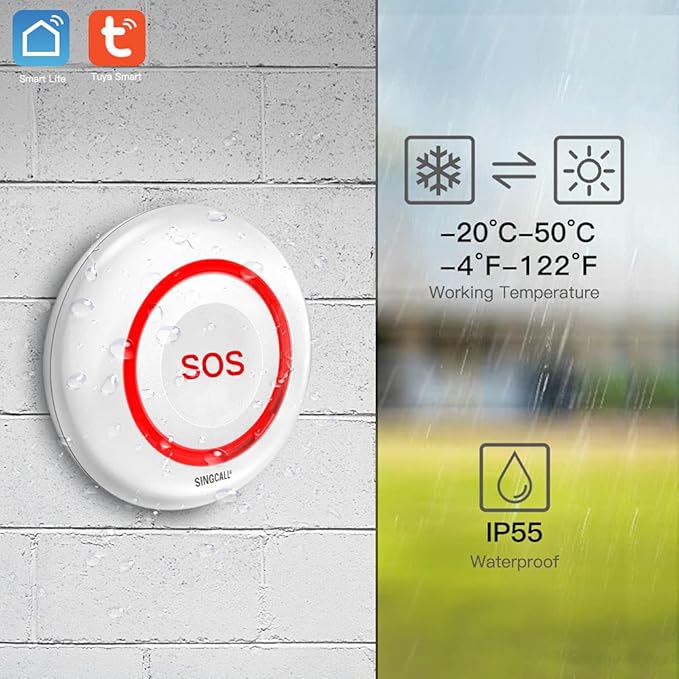 SINGCALL Caregiver Pager Panic Button Emergency Call Button for Elderly Alarm Bell Medical Alert Calling System for Seniors Waterproof Tuya Smart 1 SOS Button 1 Plugin Receiver (only 2.4GHz WiFi)