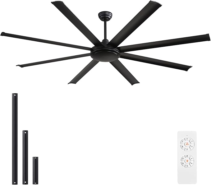 WINGBO 80 Inch Industrial Ceiling Fan without Light, 8 Aluminum Blades Ceiling Fan No Light, 6-Speed Reversible Noiseless DC Motor for Kitchen Bedroom Living Room, Matte Black
