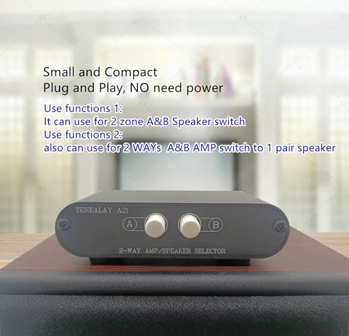 TENEALAY 2-Way Stereo Amplifier Speaker Selector, AB Speaker Switch 2 Zone Distribution, Amp Switcher Box, SPK Controller A21