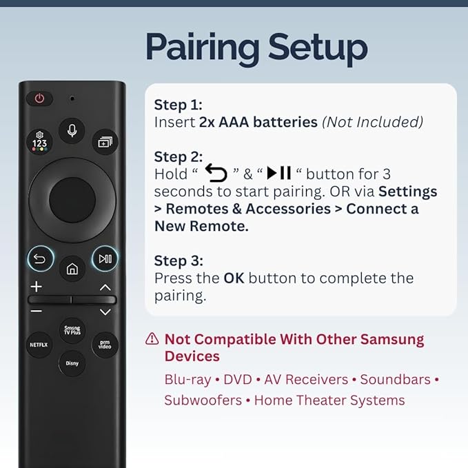 BN59-01385A Samsung TV Remote Control Replacement for Smart TV - Easy Setup, Universal Bluetooth/IR Voice Remote, Solarcell - Works with Samsung QLED, Frame, Crystal UHD, 4K, & LED Smart TVs