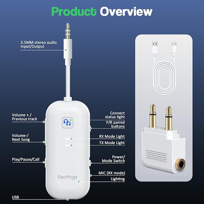 2025 Upgraded Airplane Bluetooth 5.4 Transmitter with aptX Adaptive, ElecMoga Airplane Travel Essentials Supports 2 AirPods or Headphones, 2-in-1 AUX Wireless Transmitter Receiver for TV, Car, White
