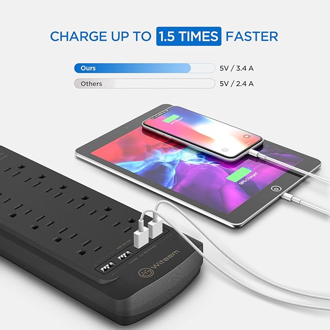 Witeem Surge Protector Power Strip - 12 Outlets, 4 USB 3.4A Ports, 6Ft Extension Cord, 1875W/15A, 4360Joules, Wall Mountable, Overload Protection - Ideal for Home & Office Use (Black-3.4A)
