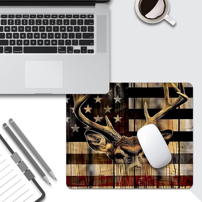 Wood Grain American Flag Hunting Deer Square Mouse pad, Texture, Waterproof, Anti Slip Rubber Base, Computer Mouse pad, Laptop Mouse pad