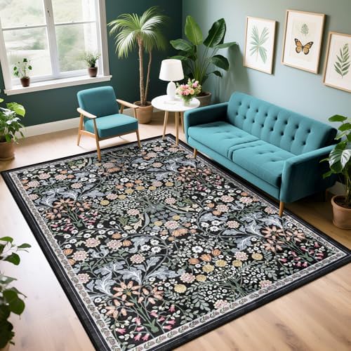 PLHXFR Area Rug Living Room: 5x7 Floral Washable Boho Carpet Dark Black by PLHXFRSoftAreaRugs