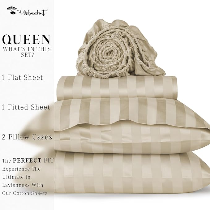 URBANHUT 800 Thread Count 100% Cotton Damask Queen Size Sheets, 4 Piece Striped Queen Size Bedsheets, Luxury Hotel Sheets Sateen Weave - Better Than Egyptian, 16" Elasticized Deep Pocket- Ivory