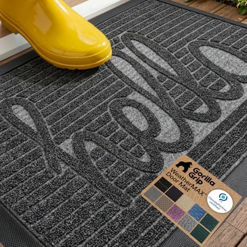 GORILLA GRIP WeatherMAX Door Mat, Indoor Outdoor, 35x23, Dark Gray Hello by GorillaGrip