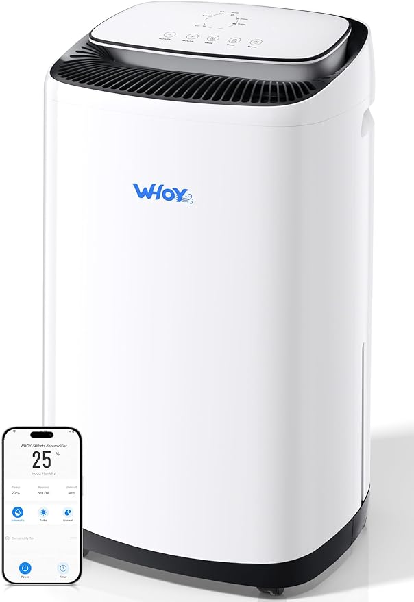 WHOY 5000 Sq.Ft Dehumidifier for Basements 100 Pints, with 2.15 Gallons Water Tank with Darin House and App Control, Smart Compressor Quiet Operation Ideal for Living room, Bathrooms,Home