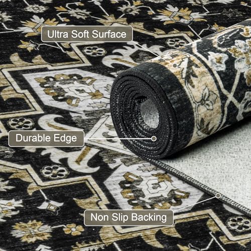 Round Area Rug for Living Room: 6ft Boho Washable Rug Black Gold - Image 6