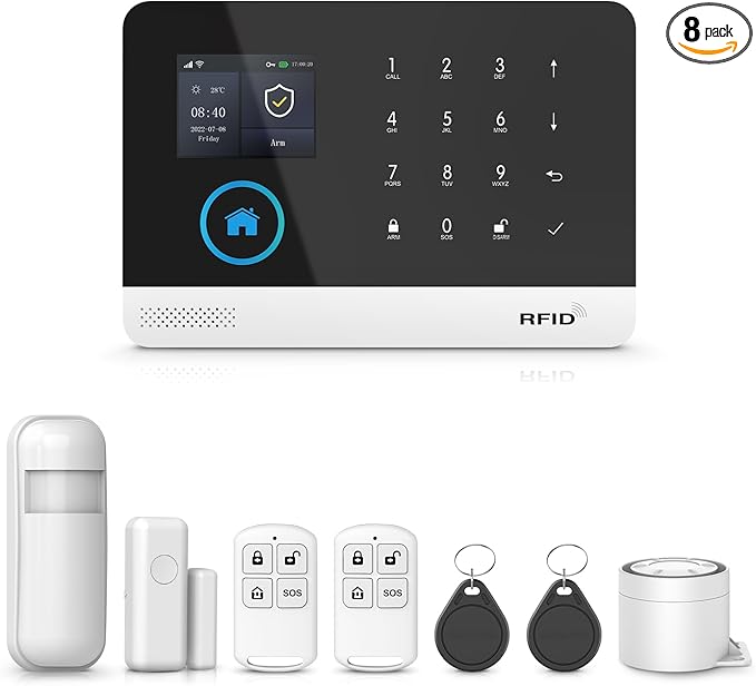 PGST 8 PCS Home Security Systems with LCD Touch Screen,Wireless GSM 4G Burglar Door Open Alarm Systems,120dB Loud Siren,Phone App Control for Villa,Apartment,Home Pets,Kids Safety