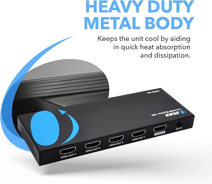 OREI HDMI Splitter 1 in 4 Out – 1x4 4K@60Hz HDMI 2.0 UHD Powered 4-Port HDMI Splitter with HDCP 2.2, EDID Management, 18Gbps Bandwidth – 4-Way Output for TV, Fire Stick, PS5, Blu-ray