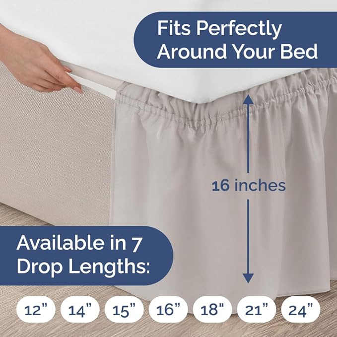 Wrap Around Dust Ruffle Bed Skirt - Light Grey - for Twin Size Beds w/ 16 Inch Drop - Easy Fit Elastic Strap - Adjustable Pleated Bedskirt with Brushed Fabric, Wrinkle Free Women, Men, Kids and Teens