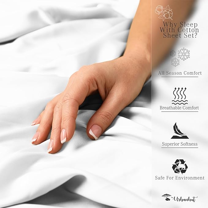 URBANHUT 800 Thread Count 100% Cotton California King Size Sheets, Luxury 4 Piece Cal King Bedsheets, Hotel Sheets Sateen Finish - Better Than Egyptian, 16" Elasticized Deep Pocket - White