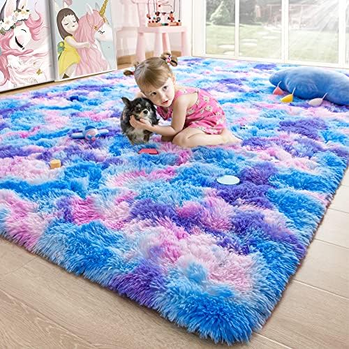 4x6 Tie-Dyed Blue Purple Pink Fluffy Area Rug Non-Slip for Kids Bedroom by ModernHomeDecor
