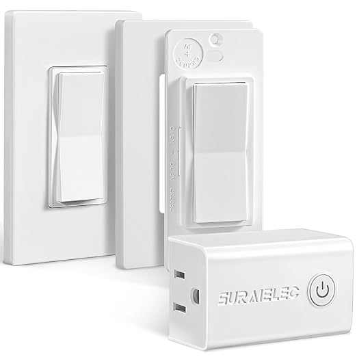 SURAIELEC 3 Way Wireless Light Switch, Remote Control Outlet, Decorator Rocker Wall Switch, 15 AMP, 100ft RF Range, No Wiring No WiFi, for Plug in Pendant Light, Lamp, Small Electrical Appliance