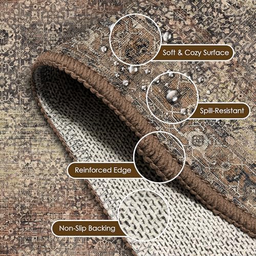 Washable Area Rug 6' x 9' Vintage Traditional Persian Mat - Foldable Distressed Non-Slip Machine Washable Carpet for Living Room Bedroom Kitchen Home Decor - Umber and Slate - Image 6