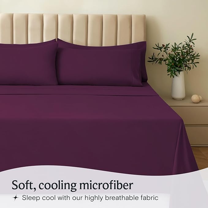 LuxClub 4 PC Queen Sheet Set, Deep Pockets Wrinkle Free Cooling Bed Sheets Hotel Bedding for Women, Men, Includes 1 Fitted Sheet, 1 Flat Sheet and 2 Pillowcases-Silky Soft Eggplant