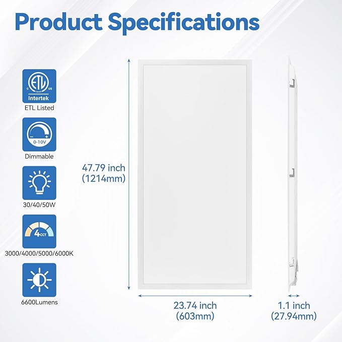 CycevSun 6-Pack 2x4 LED Flat Panel Light Drop Ceiling, 40/50/60W Selectable, Up to 6600LM, 4CCT 3000K/4000K/5000K/6000K Switchable, 0-10V Dimmable, 100-277V, ETL Listed