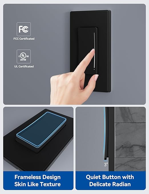 ELEGRP Smart Dimmer Light Switch DTR30, Single Pole or 3 Way, 2.4GHz Wi-Fi Touch Dimmer Compatible with Alexa/Google Assistant, Needs Neutral Wire, No Hub Required, UL and FCC Listed, Black, 6 Pack