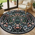 PLHXFR Round Area Rug Living Room: 4 ft Floral Washable Carpet Dark Black by PLHXFRSoftAreaRugs