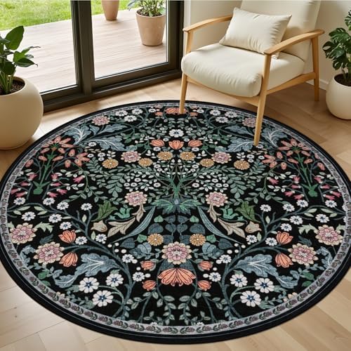 PLHXFR Round Area Rug Living Room: 4 ft Floral Washable Carpet Dark Black by PLHXFRSoftAreaRugs