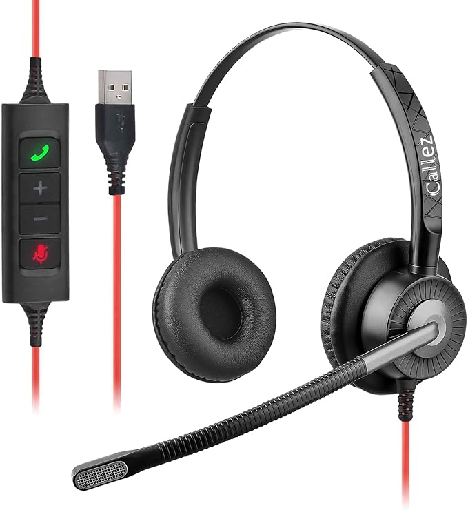 Callez Wired USB Headset with ENC Dual Noise Cancelling Mics, On-Ear Computer Headset for PC Laptop, Professional Work Headphones for Home Office Teams Skype Zoom Call Center, MS Teams Call Control