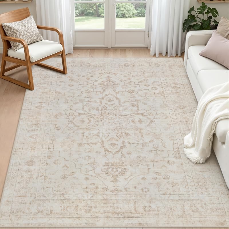 6x9 Area Rugs Living Room: Bedroom Washable Carpet Warm Beige by Luxturiy