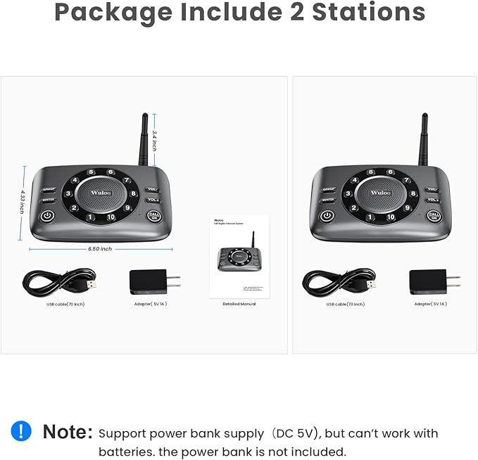 Hands-Free Intercoms Wireless for Home Business, Wuloo Upgrade Two Way Audio Intercom System for Elderly, Full Duplex Room to Room Intercom with 5280 ft Range Clear Sound Anti-Interference, Pack of 2