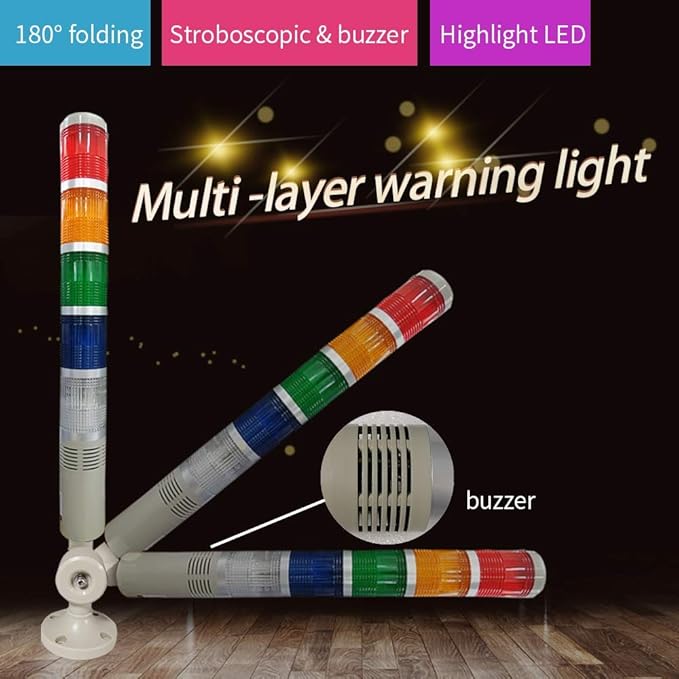 YJINGRUI 5 Stack LED Signal Tower Light, Industrial Flashing LED Warning Light with 85dB Buzzer & 180° Rotatable Base - for CNC, Factory Automation (24V DC)