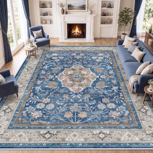 SameBed 8x10 Area Rug Living Room, Vintage Washable Carpet Blue by SameBed
