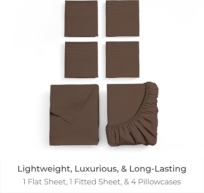 Mellanni King Sheet Set - 6-Piece Iconic Collection Bedding, (Including 4 Pillowcases), 21-Inch Extra Deep Pocket, Easy Care, Ultra Soft, Cooling Sheets, Brushed Microfiber - Brown