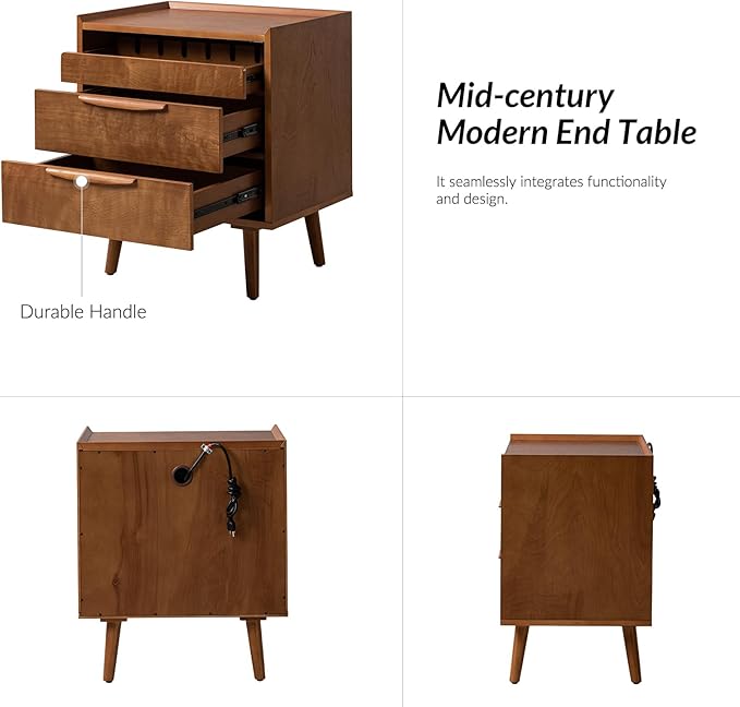 HULALA HOME 2 Drawer End Table with Pull-Out Shelf, Mid-Century Modern End Table with Wood Legs, Wood Side Table with Charging Station(Acorn, Set of 2)