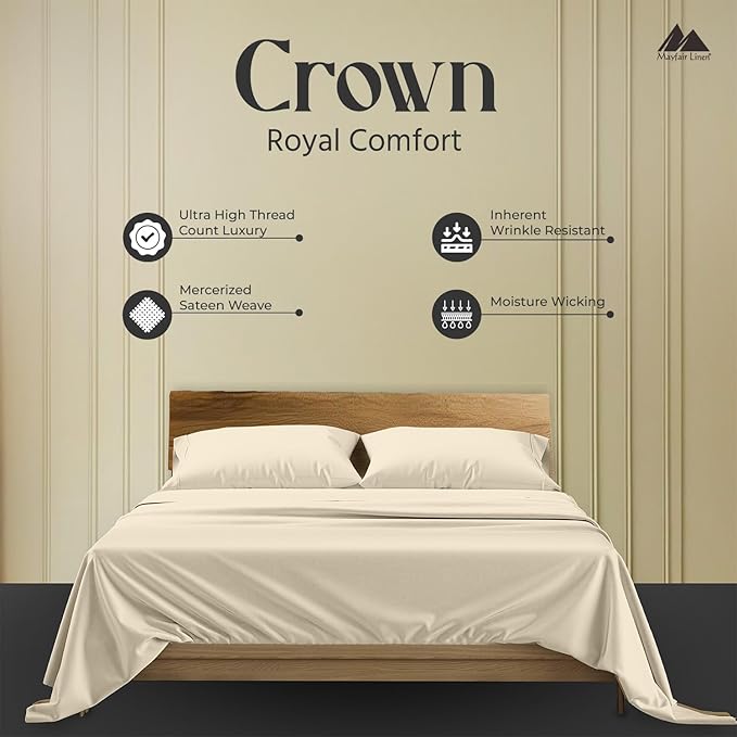 Mayfair Linen 100% Egyptian Cotton Queen Sheets Set - 2000 Series Luxury Sheets Queen Size Bed Set, Soft & Cooling, Sateen Weave 17" Extra Deep Pocket Hotel Collection Sheet (4 Pc, Ivory)