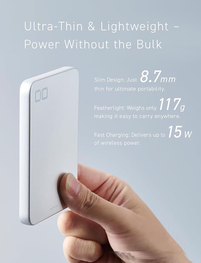 CIO Qi2 Magsafe Charger, 5000mAh Ultra-Slim Magnetic Wireless Charger iPhone, Magsafe Battery Pack, 15W Wireless + 20W USB-C PD iPhone Magnetic Fast SMARTCOBY Slim 5K (Silver, Safety Model)