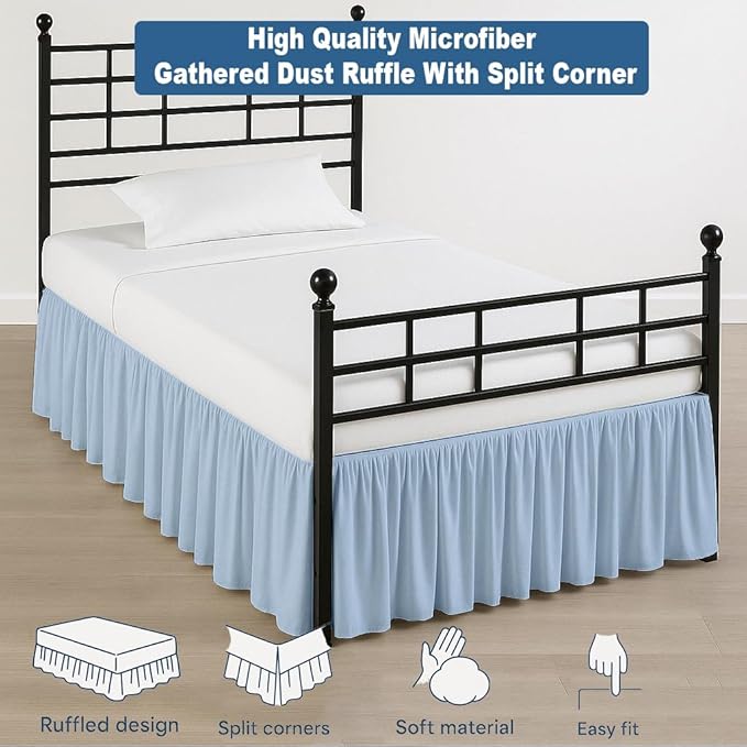 Ruffled Bed Skirt Split Corners with Platform, Tailored Fit Hotel Quality Wrinkle Free Ultra-Soft Microfiber Dust Ruffle, Upto 18 Inch Drop, Twin XL, Sky Blue