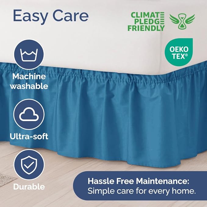 Wrap Around Dust Ruffle Bed Skirt - Denim Blue - for King Size Beds with 12 Inch Drop - Elastic Strap - Adjustable Pleated Bedskirt with Brushed Fabric and Wrinkle Free - for Women, Men, Kids & Teens