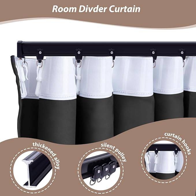 Room Divider Curtains with Ceiling Curtain Track Set Window Curtain for Bedroom,Living Room Total Blackout Thermal Insulated Privacy Ceiling Track Curtain W 9 × H 7 FT Grey drape&Black track